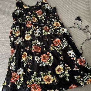 Torrid brand black floral midi dress with double spaghetti straps, size 3